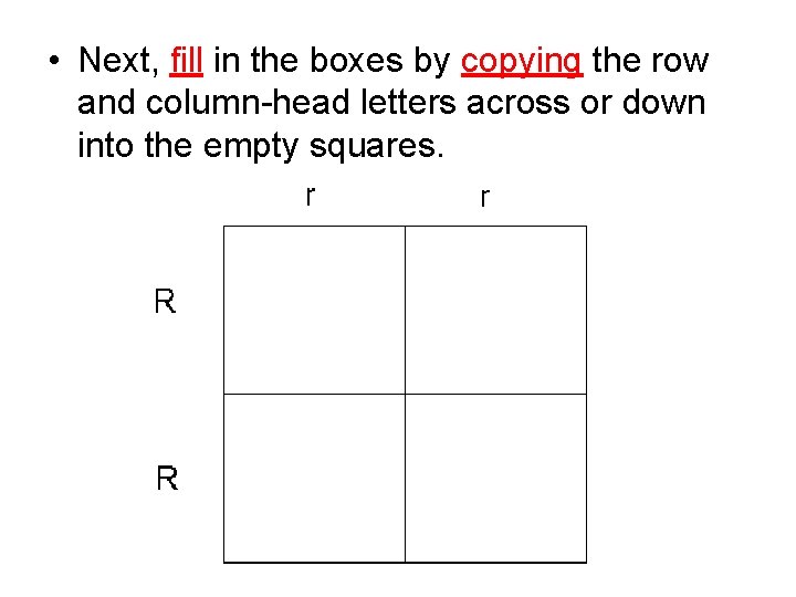  • Next, fill in the boxes by copying the row and column-head letters