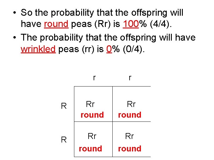  • So the probability that the offspring will have round peas (Rr) is