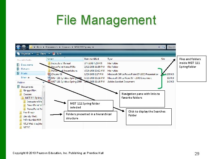File Management Files and folders inside MGT 111 Spring folder Navigation pane with links