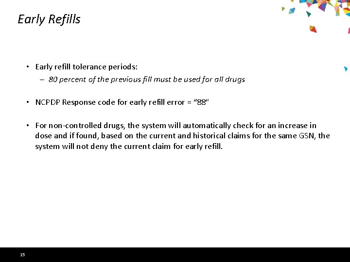 Early Refills • Early refill tolerance periods: ‒ 80 percent of the previous fill