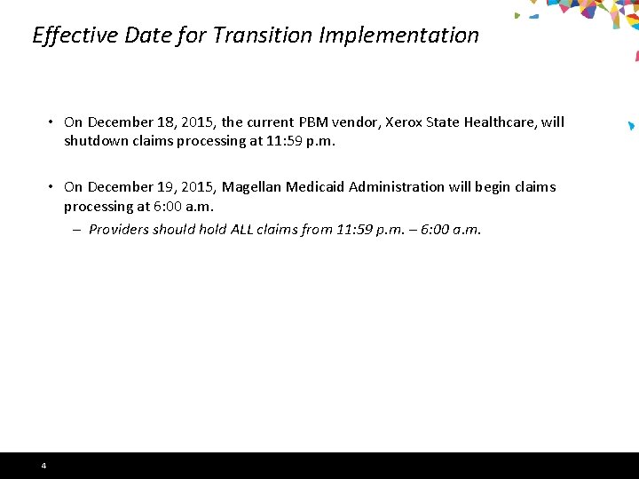 Effective Date for Transition Implementation • On December 18, 2015, the current PBM vendor,