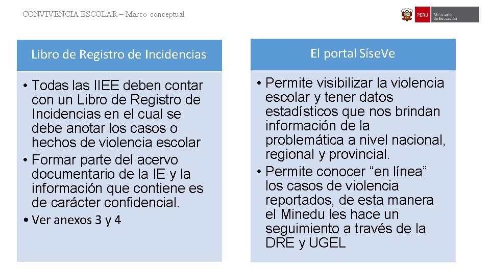 CONVIVENCIA ESCOLAR – Marco conceptual Libro de Registro de Incidencias • Todas las IIEE