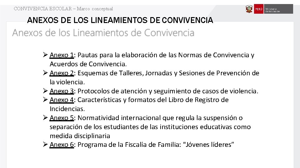 CONVIVENCIA ESCOLAR – Marco conceptual ANEXOS DE LOS LINEAMIENTOS DE CONVIVENCIA Anexo 1: Pautas