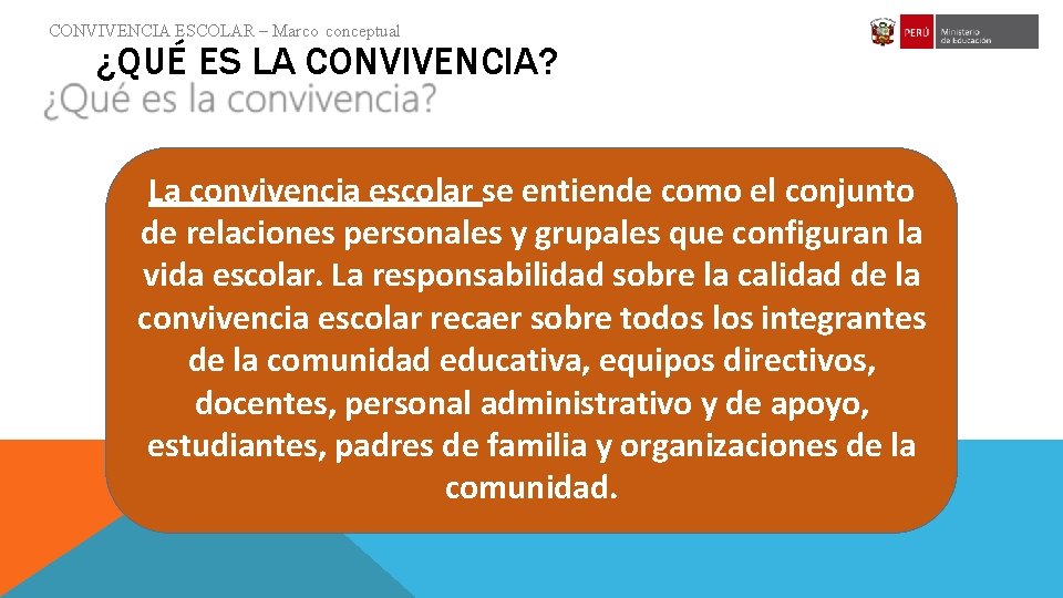 CONVIVENCIA ESCOLAR – Marco conceptual ¿QUÉ ES LA CONVIVENCIA? La convivencia escolar se entiende