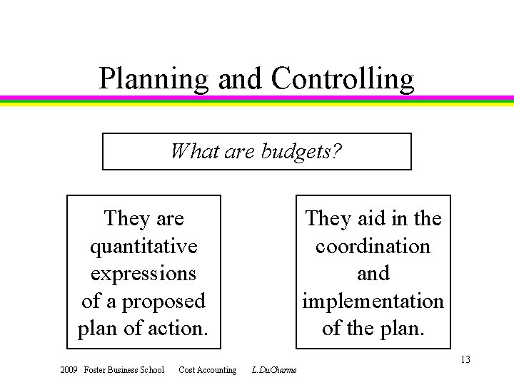 Planning and Controlling What are budgets? They are quantitative expressions of a proposed plan