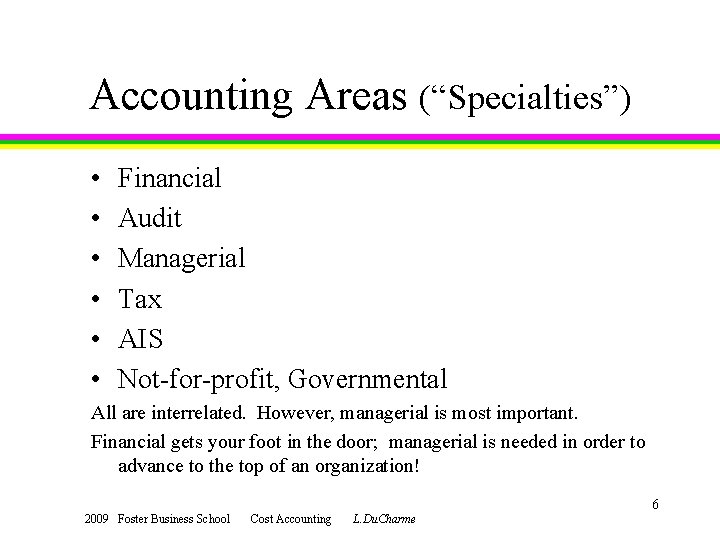 Accounting Areas (“Specialties”) • • • Financial Audit Managerial Tax AIS Not-for-profit, Governmental All