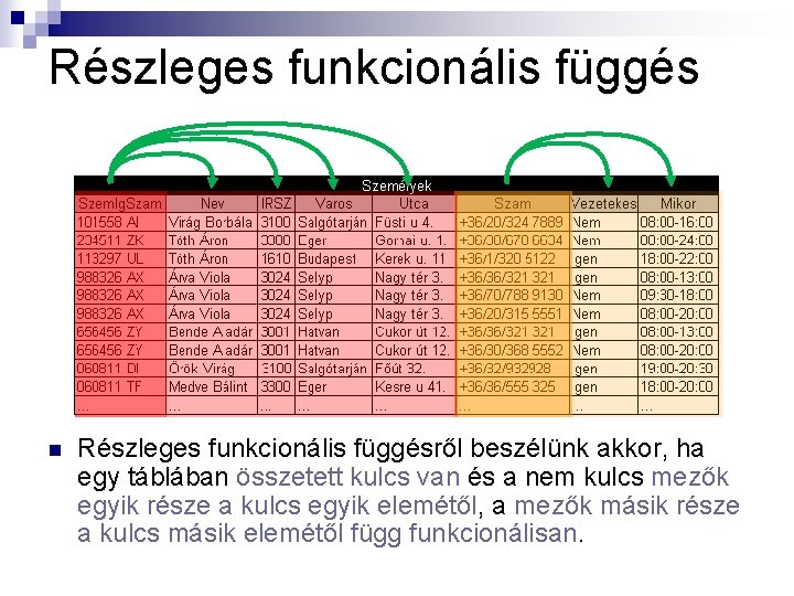 Részleges funkcionális függés n Részleges funkcionális függésről beszélünk akkor, ha egy táblában összetett kulcs