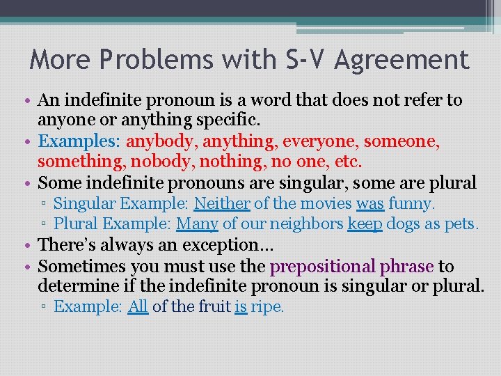 More Problems with S-V Agreement • An indefinite pronoun is a word that does