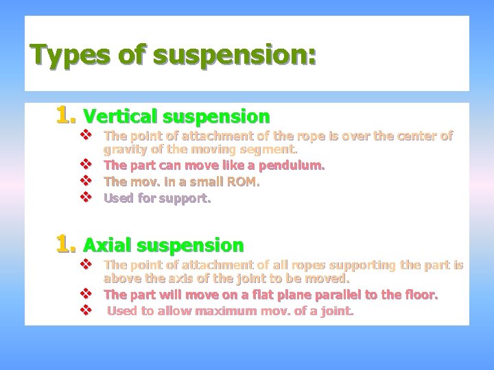 Types of suspension: 1. Vertical suspension v The point of attachment of the rope