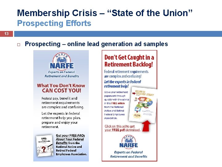 Membership Crisis – “State of the Union” Prospecting Efforts 13 Prospecting – online lead