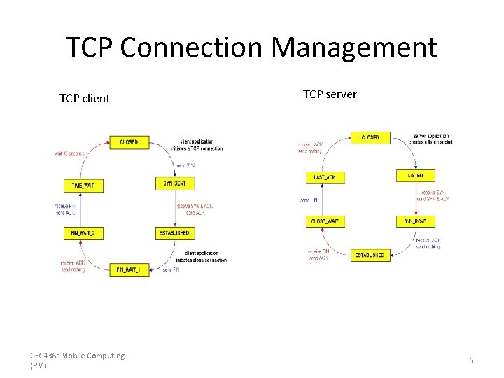 TCP Connection Management TCP client CEG 436: Mobile Computing (PM) TCP server 6 