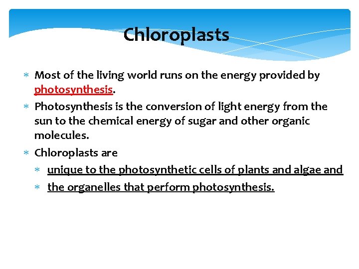 Chloroplasts Most of the living world runs on the energy provided by photosynthesis. Photosynthesis