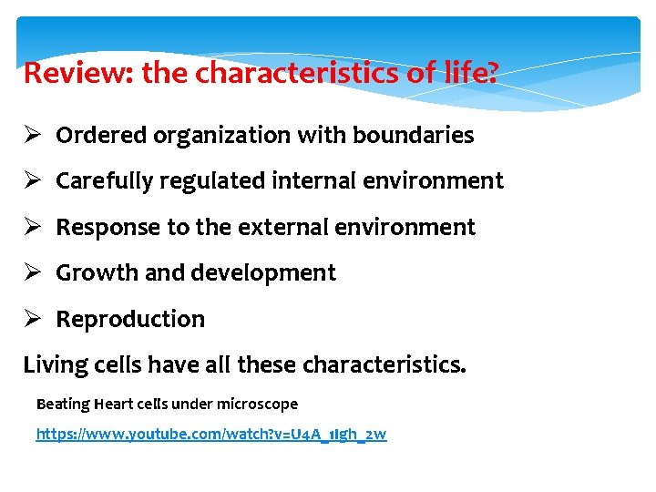 Review: the characteristics of life? Ø Ordered organization with boundaries Ø Carefully regulated internal