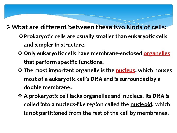 ØWhat are different between these two kinds of cells: v. Prokaryotic cells are usually