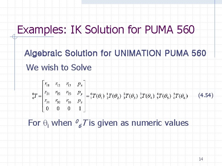 Examples: IK Solution for PUMA 560 Algebraic Solution for UNIMATION PUMA 560 We wish