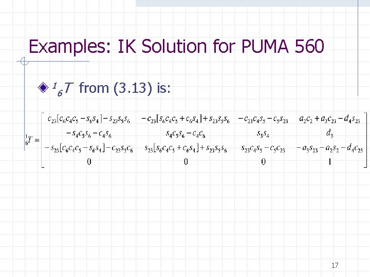 Examples: IK Solution for PUMA 560 1 6 T from (3. 13) is: 17