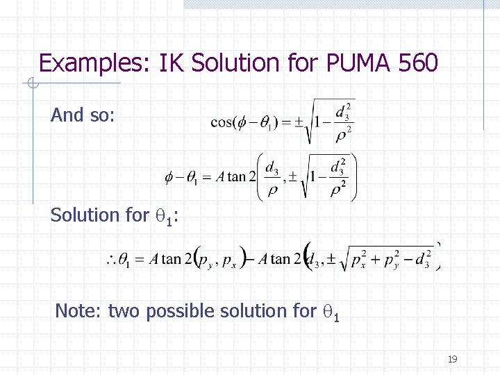 Examples: IK Solution for PUMA 560 And so: Solution for 1: Note: two possible