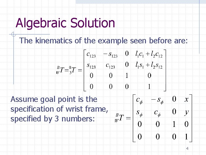 Algebraic Solution The kinematics of the example seen before are: Assume goal point is