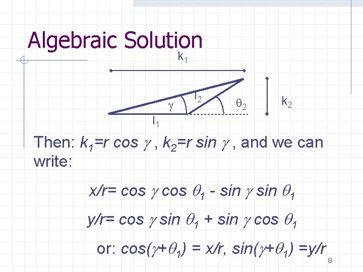 Algebraic Solution k 1 l 2 2 k 2 l 1 Then: k 1=r