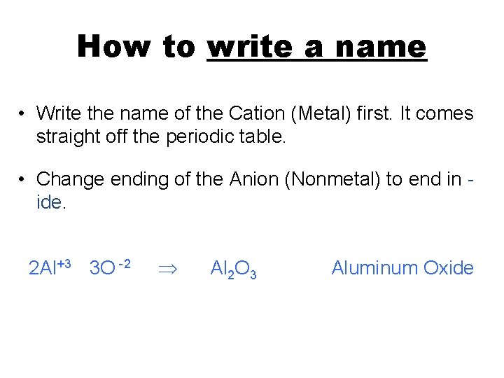 How to write a name • Write the name of the Cation (Metal) first.