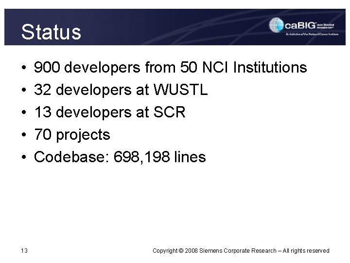 Status • • • 13 900 developers from 50 NCI Institutions 32 developers at