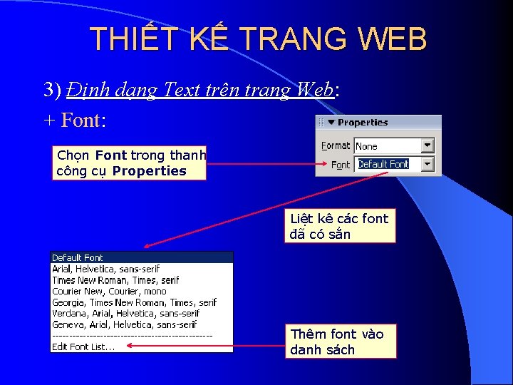 THIẾT KẾ TRANG WEB 3) Định dạng Text trên trang Web: + Font: Chọn