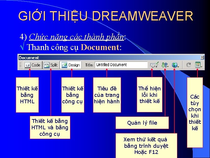 GIỚI THIỆU DREAMWEAVER 4) Chức năng các thành phần: Thanh công cụ Document: Thiết