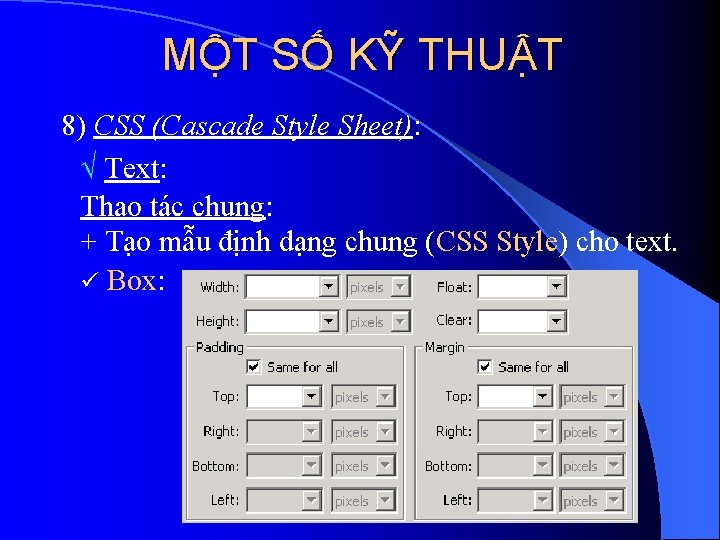 MỘT SỐ KỸ THUẬT 8) CSS (Cascade Style Sheet): Text: Thao tác chung: +