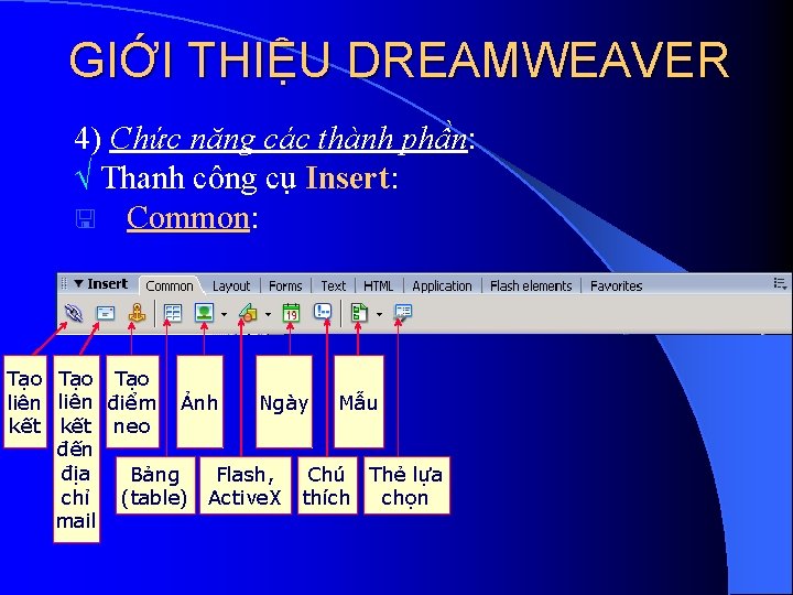 GIỚI THIỆU DREAMWEAVER 4) Chức năng các thành phần: Thanh công cụ Insert: <