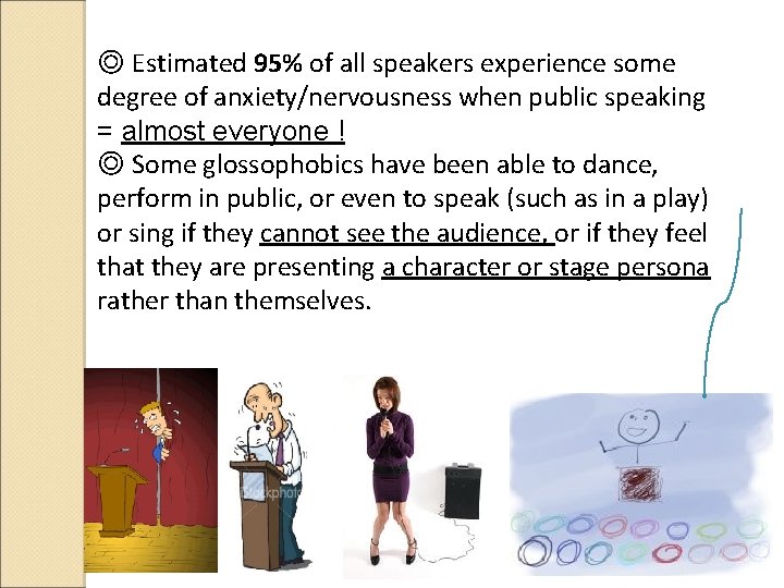 ◎ Estimated 95% of all speakers experience some degree of anxiety/nervousness when public speaking