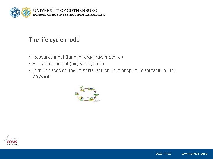 The life cycle model • Resource input (land, energy, raw material) • Emissions output