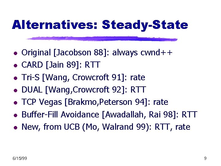 Alternatives: Steady-State l l l l Original [Jacobson 88]: always cwnd++ CARD [Jain 89]: