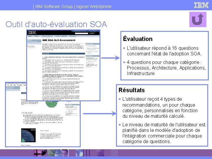 IBM Software Group | logiciel Web. Sphere Outil d'auto-évaluation SOA Évaluation § L'utilisateur répond