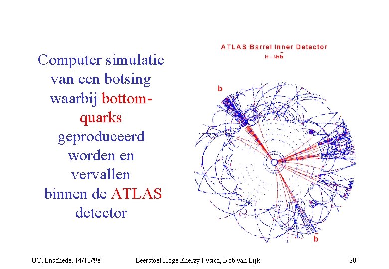 Computer simulatie van een botsing waarbij bottomquarks geproduceerd worden en vervallen binnen de ATLAS