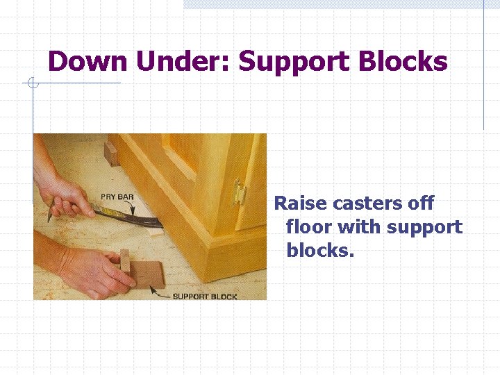 Down Under: Support Blocks Raise casters off floor with support blocks. 