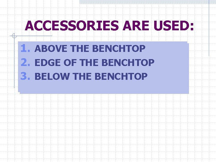ACCESSORIES ARE USED: 1. ABOVE THE BENCHTOP 2. EDGE OF THE BENCHTOP 3. BELOW