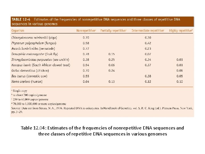 Table 12. 04: Estimates of the frequencies of nonrepetitive DNA sequences and three classes