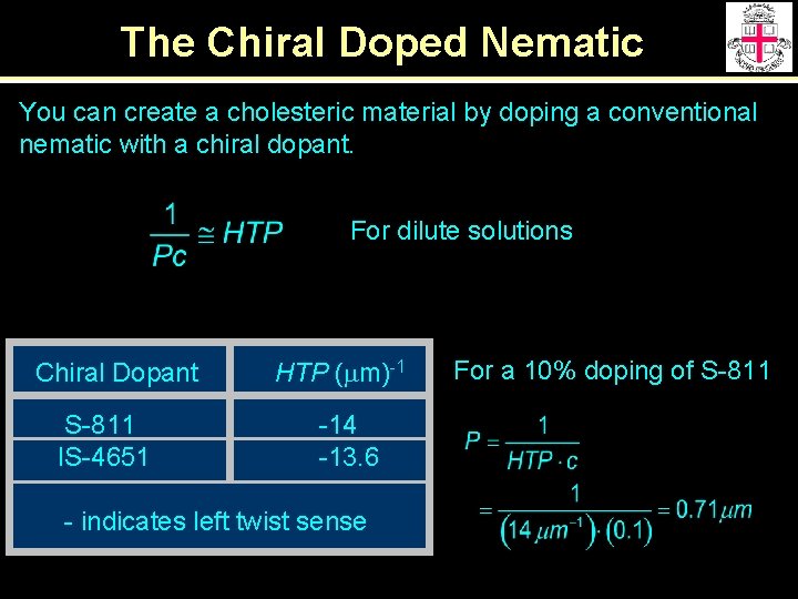 The Chiral Doped Nematic You can create a cholesteric material by doping a conventional