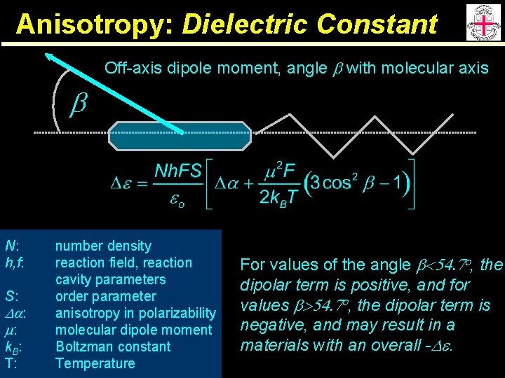 Anisotropy: Dielectric Constant Off-axis dipole moment, angle b with molecular axis b N: h,