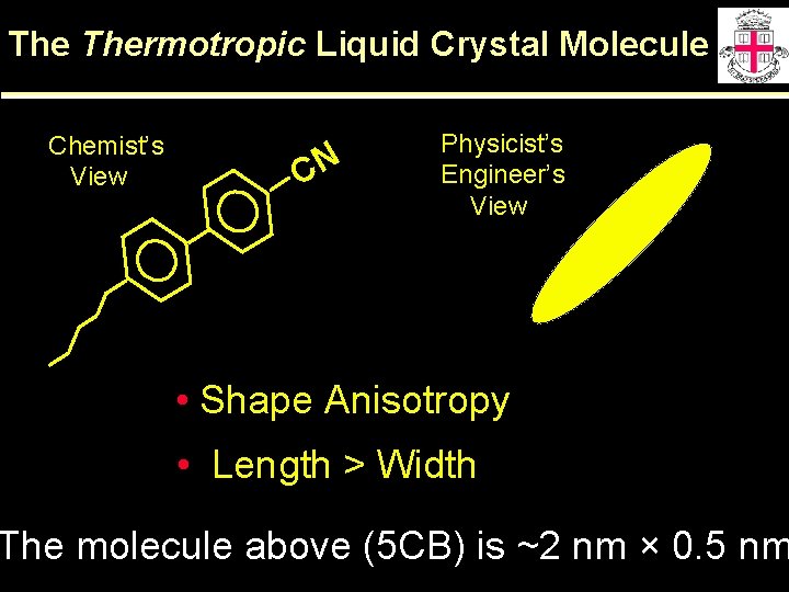 The Thermotropic Liquid Crystal Molecule Chemist’s View CN Physicist’s Engineer’s View • Shape Anisotropy