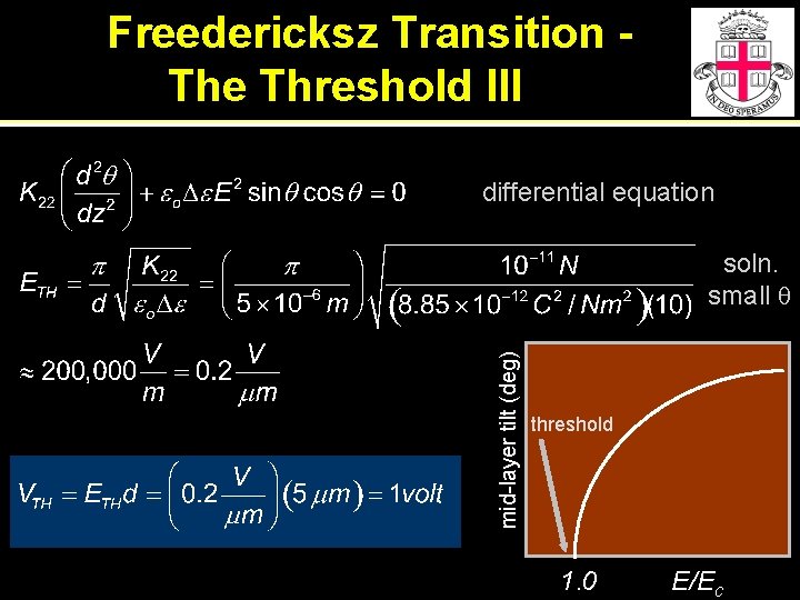 Freedericksz Transition The Threshold III differential equation mid-layer tilt (deg) soln. small q threshold