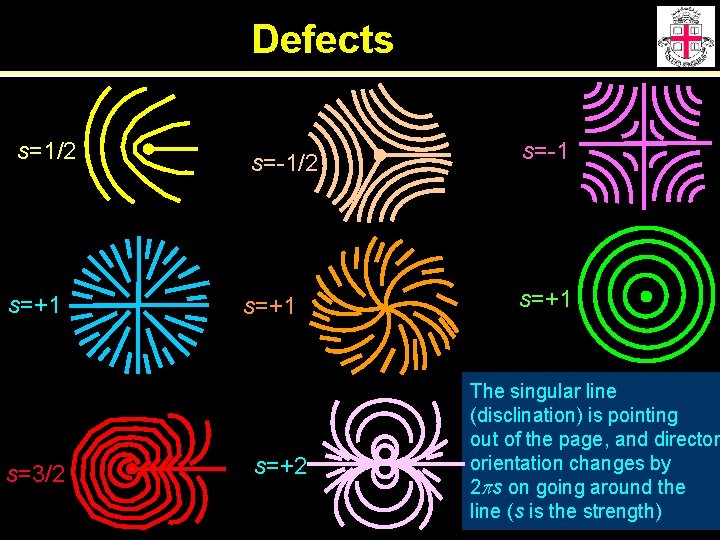 Defects s=1/2 s=+1 s=3/2 s=-1/2 s=+1 s=+2 s=-1 s=+1 The singular line (disclination) is