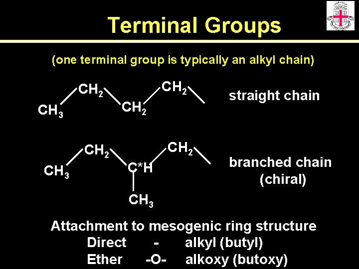 Terminal Groups (one terminal group is typically an alkyl chain) CH 2 CH 3