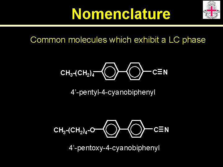 Nomenclature Common molecules which exhibit a LC phase CH 3 -(CH 2)4 C N
