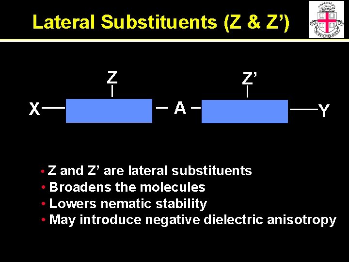 Lateral Substituents (Z & Z’) Z X Z’ A Y • Z and Z’