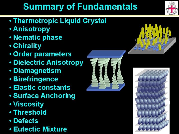 Summary of Fundamentals • Thermotropic Liquid Crystal • Anisotropy • Nematic phase • Chirality