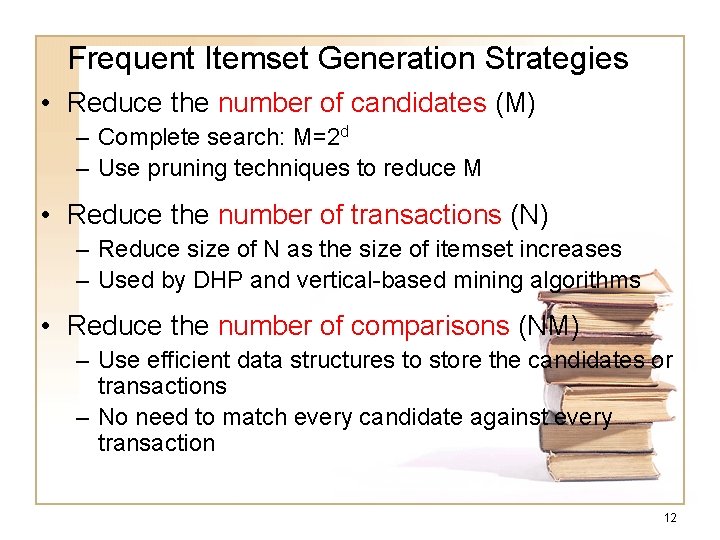 Frequent Itemset Generation Strategies • Reduce the number of candidates (M) – Complete search: Frequent Itemset Generation Strategies • Reduce the number of candidates (M) – Complete search:
