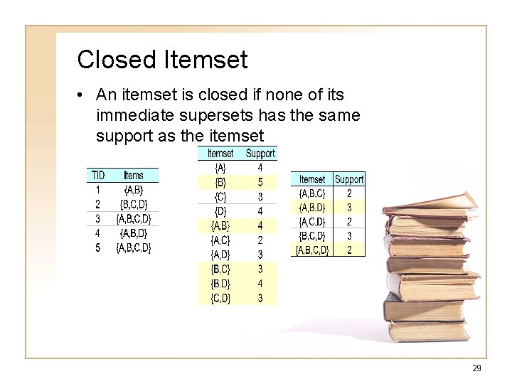 Closed Itemset • An itemset is closed if none of its immediate supersets has Closed Itemset • An itemset is closed if none of its immediate supersets has