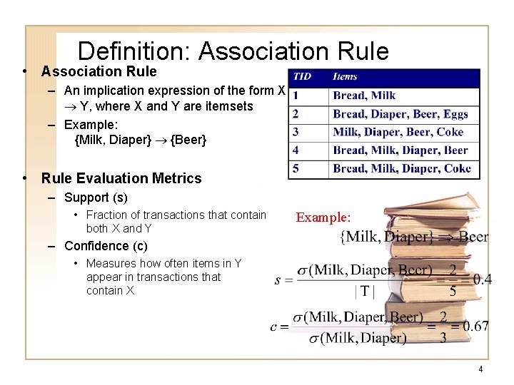 Definition: Association Rule • Association Rule – An implication expression of the form X Definition: Association Rule • Association Rule – An implication expression of the form X