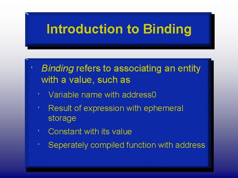 Introduction to Binding refers to associating an entity with a value, such as '